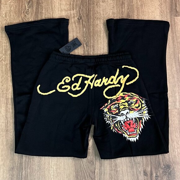 Ed Hardy Pants - NEW Ed Hardy Tiger Tattoo Wide Leg Black Jogger Sweatpants Y2K